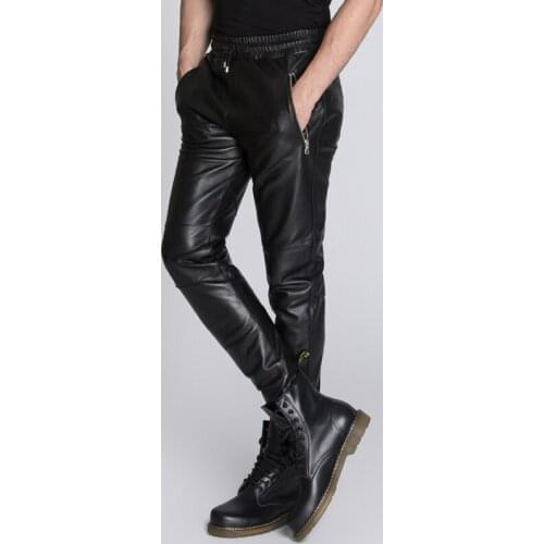 Mens Genuine Leather Pants Real Leather Sheepskin Motorcycle Spring Autumn Fashion Casual Male Trousers Harem Pants Plus Size