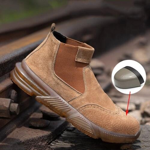 Mens Protective Safety Boots, Anti-Smash And Anti-Puncture Khaki Suede Leather Breathable Non-Slip Low-Top Safety Shoes 2020