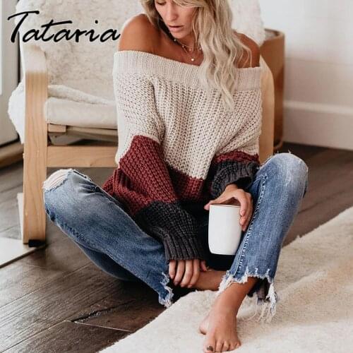 2021 New Off The Shoulder Sweaters Women Knitted Sweater Autumn Winter Classic Pink Color Matching Pullovers Knited Top Female