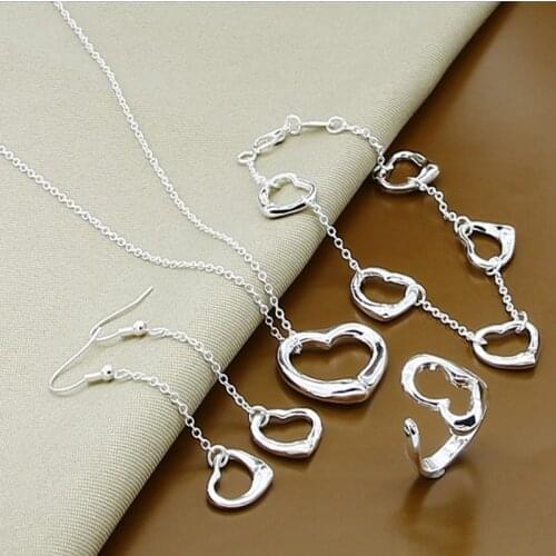 Wholesale Price 925 Silver Jewelry Set Love Heart Shape Necklace Bracelet Earrings Rings Set Fine Jewelry