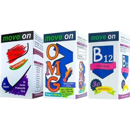 MoveOn Probiotics + OMEGA3 + Vitamin B12 (3 in 1 Combination) probiyotic 10 Billion + Prebiotic OMG3 Fish Oil + Mikrotablet