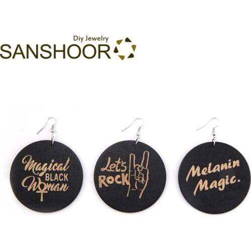 SANSHOOR 6cm Afro Black Wood Drop Earrings Melanin Magic Woman Rock Bohemian Jewelry For Indians Americans As Women Gifts 1Pair