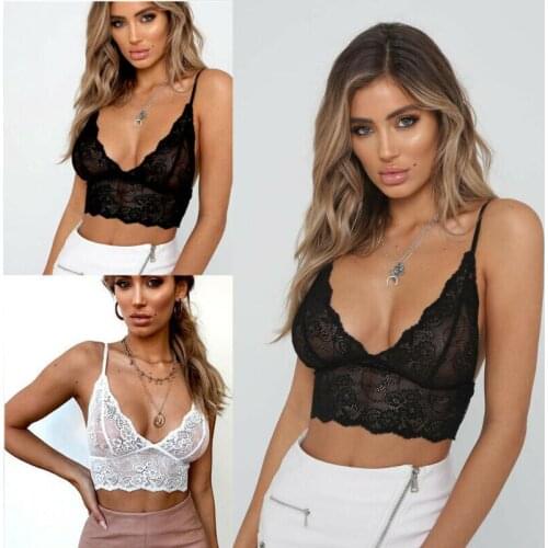 Sexy Womens Floral Lace Halter Bralette Lined Bra No Pad Crop Top V Neck Black White Nude Bikini Cover Up