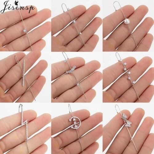 Jisensp 1 Pc 2021 New Fashion Ear Needle Wrap Crawler Hook Earrings for Women Girls Rhinestone Stud Copper Piercing Earrings