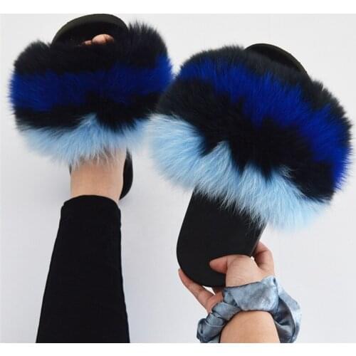 Womens Colorful Fox Fur Slippers Ladies Fluffy Slides Home Plush Shoes Girls Fashion Casual Sandals Big Size Furry Flip Flops