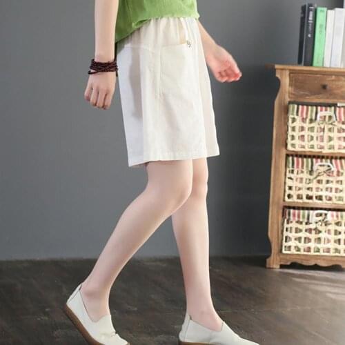 Women Solid Color Cotton Linen Elastic Waistband Pocket Loose Shorts Fifth Pants