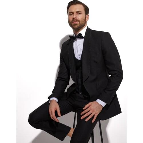 Custom Made Tuxedo Shiny Black Subtle Patterned Wedding Suits For Men Contrasting Jacquard Shawl Lapel Edge, Black Jacquard Vest