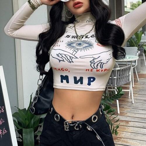 Streewear Scrawl Printted Crop Tops Women Long Sleeve Turleneck T-shirts 2020 Ladies Fashion Casual Basic Tee Tops