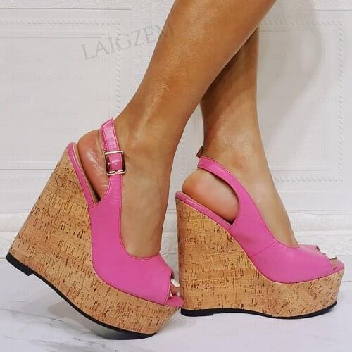 SEIIHEM SUPER Women Platform Wedges Pumps Slingbacks Sandals Cork Print Summer Ladies Party Prom Shoes Woman Big Size 41 44 52