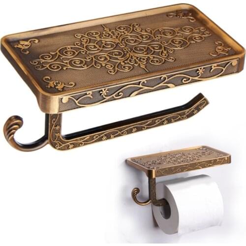 Bathroom Paper Mobile Phone Holder With Shelf Antique Carved Zinc Alloy Toilet Towel Rack Bathroom Paper Holder Accessories