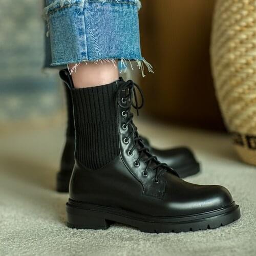 2021 Platform Heels Women Boots Genuine Leather Round Toe Winter Women Shoes Lace-up Short Boots Women Platform Shoes