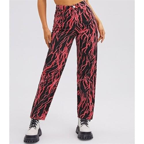 2021 Fashion New Streetwear Women Denim Trousers Casual Pattern High Waisted Red Wide Leg Jeans Vintage Loose Slim Straight Pant