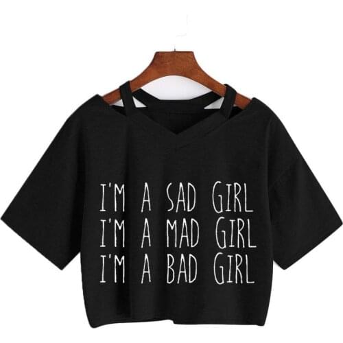 Women Summer Y2K Short Sleeve Crop Tops Vintage V-neck Tee I'm a Sad Girl Letter Print T-Shirt New Harajuku Anime Streetwear