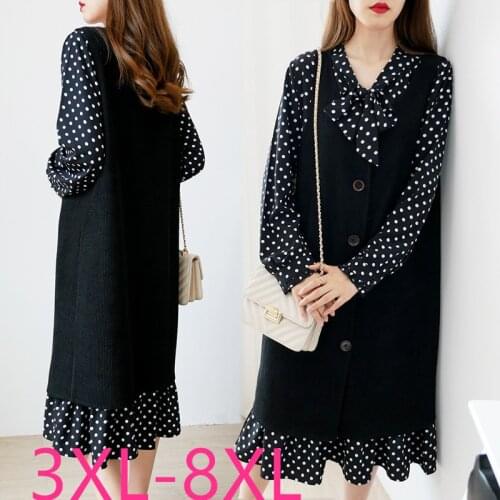 New autumn winter women plus size sets dot loose chiffon long sleeve dress and vest two piece suits black 4XL 5XL 6XL 7XL 8XL