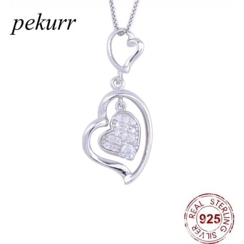 Pekurr 925 Sterling Silver Heart Hoop CZ Heart Necklace For Women Romantic Pendants Collar Wedding Fashion Jewelry Accessories