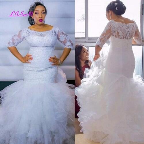 Vestidos De Novia Lace Wedding Dresses 2021 Plus Size Mermaid Bridal Gown Half sleeves Tiered Ruffles Sexy African Wedding Dress