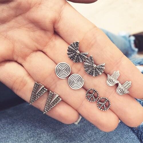 5 Pairs/Set Stud Earrings Set For Women Jewelry Antique Silver Color Triangle Palm Evil Eye Hand Peace Hollow Ear Accessories