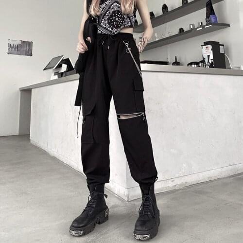 Pants Women 2021 Black Hole Zipper Harem Pants Wide Leg Mid Waist Pants Streetwear Baggy Tactical Daily Working Commute Trousers