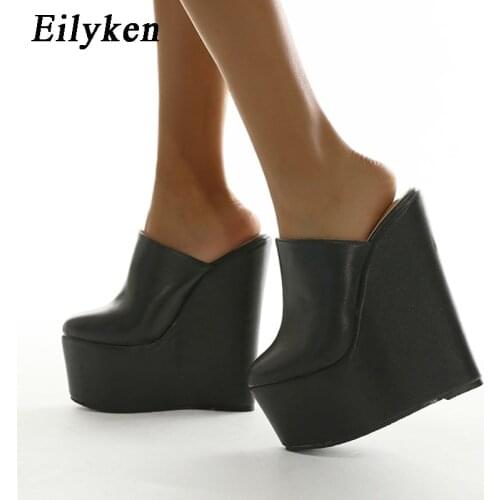 Eilyken New Summer Gladiator Platform Wedge Round Toe Pumps Super High Heel Sexy Black Nightclub Sandals Womens Shoes Slippers