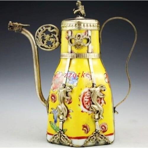 Exquisite Vintage silver Porcelain Monkey Lid Tea Pot handwork collectable teapot tools wedding Brassroom