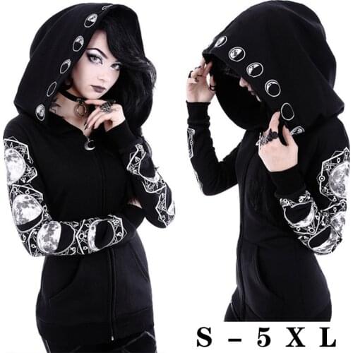 Cool Womens Fashion Cosplay Coat Hooded Jacket Print Gothic Punk Long Sleeve Witch Moon Hoodie Zipper Hoodies Large Size S-5XL