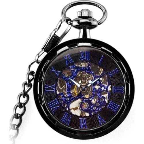 10pcs/lot Retro Roman Numbers Mechanical Pocket Watch for Men Women with FOB Chain Skeleton Hand-winding Pocket Watch