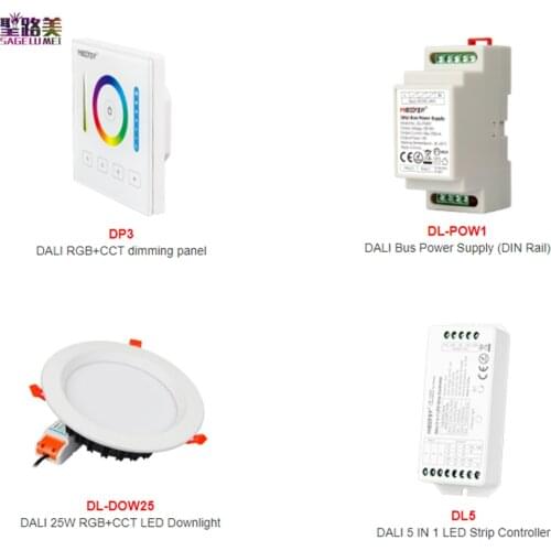 MiBoxer DP3 DALI RGB+CCT Dimmer Panel DL5 5IN 1 LED Strip Controller DL-POW1 Bus Power Supply DL-DOW25 25W RGB+CCT LED Downlight