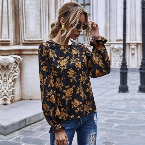 Fashion Chiffon Print Blouse Women Casual Flare Sleeve O Neck Shirt Top Autumn Winter Blouse For Women 2020 New