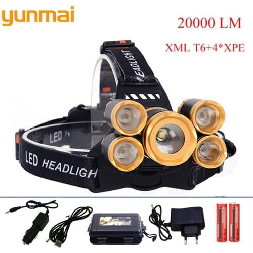 Waterproof 5 LED Headlamp XML T6 +4*XPE Powerful Headlight 20000 Lumens LED Head Lamp Camp Hike Emergency Light Fishing Outdoor