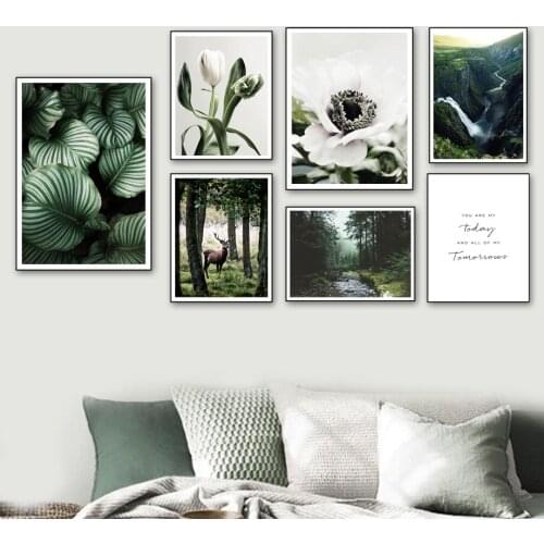 Forest Waterfall River Tulip Flower Leaf Wall Art Canvas Painting Nordic Posters And Prints Wall Pictures For Living Room Decor