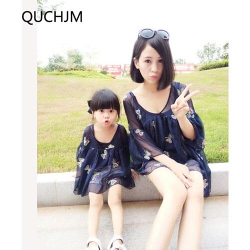 2019 new Family Matching Outfits summer mom and kid girl Chiffon dress Occident style mom daughter dress Clothes family