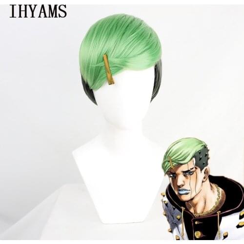 JoJos Bizarre Adventure Cosplay Jobin Higashikata Green Black Short Synthetic Hair Carnival Halloween Party Role Play Wigs
