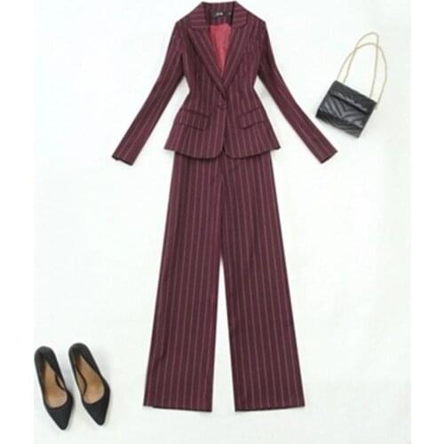 Fashion striped suit suit large size womens spring new wine red stripes slim short suit + high waist wide leg pants suit women