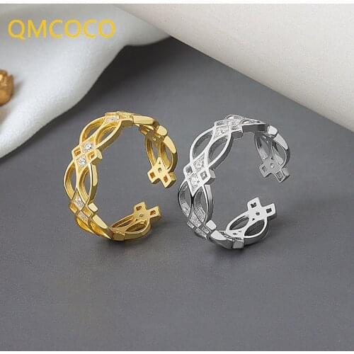 QMCOCO 925 Silver Engagement Ring Women Zircon Hollow Out Trendy Irregular Geometric Jewelry Valentines day Gifts