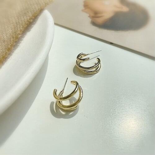 Fashion Vintage Three-layer Big Korean Geometric Metal Gold Color Stud Earrings For Women Girls Trendy Luxury Jewelry SD2339