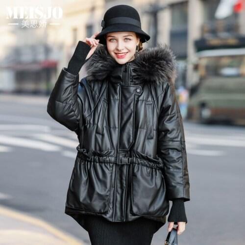 Warm Raccoon Fur Hooded Genuine Leather Jacket Women Winter White Duck Down Jacket Real Sheepskin Coat Female Outwear Hiver 0092
