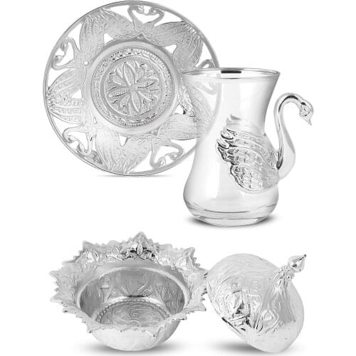 Turkish Ottoman Decorative 6 Personality Silver Tea Set Authentic Design Turkish Arabic Tea Set 6 Tea Cups Saucers Mother Kitchen gift