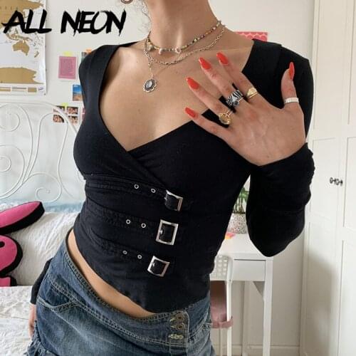 ALLNeon Y2K Streetwear V-neck Black Long Sleeve Crop Tops Grunge Aesthetics Gothic Buckle Trim T-shirts Criss-Cross E-girl Tees
