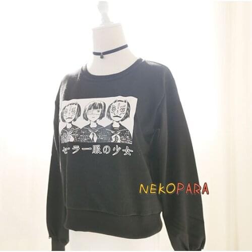 JK Uniform Girl Japanese Style Cute Harajuku Womens Long Sleeve Hoodie Round Collar Sweatshirt Tops Color Black Spring Autumn