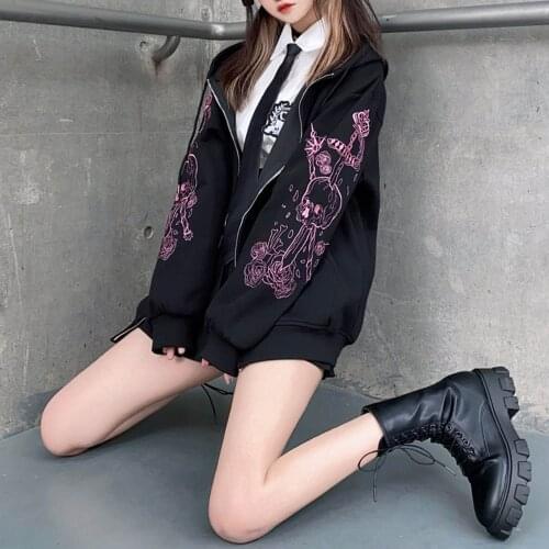 Punk Graphic Skull Embroidered Zipper Hoodie Vintage Black Oversize Hoodies Sweatshirt 90s Streetwear Clothes Vintage Jacket Top