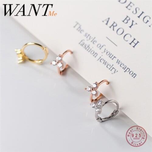 WANTME Real 925 Sterling Silver Trefoil Ear Buckle White Zircon Round Stud Earrings for Fashion Women Romantic Flowers Jewelry