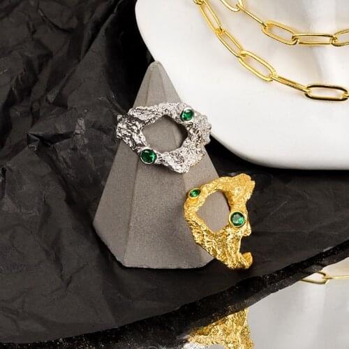 18K Gold Plating Irregular Hammered Surface Texture Open Ring For Women Zirconia Emerald Ring Accessories