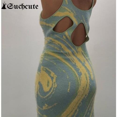 SUCHCUTE Paisley Print Vintage Knit Bodycon Dress For Women Y2K Summer Sexy Hollow Out Spaghetti Strap Beach Casual Midi Dresses