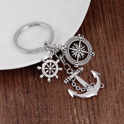 24 Pcs/Lot Keychain Trinket Retro Compass Anchor Key Chain Rudder Key Ring Vintage metal Anchor Souvenirs Bulk Wholesale