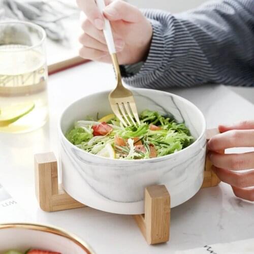 28oz Salad Bowl Western Fruit Bowl Dessert Bamboo Rack Bowl Cold Ceramic Tableware with Wooden Rack Dinnerware