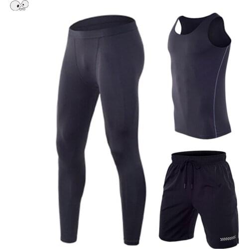 3pcs Mens Gym Fitness Compression Tight Running Sets 2019 Stretchy Training Sports Suits Tank Top Quick Dry Jogging Sportswear