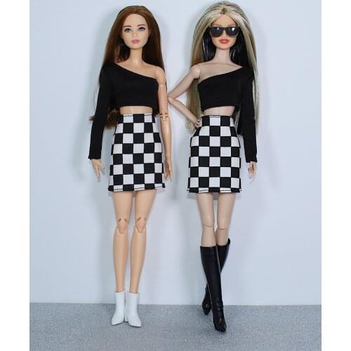 Black top + grid skirt / original clothes set clothing outfit For 1/6 BJD Xinyi FR ST Barbie Doll / doll clothes