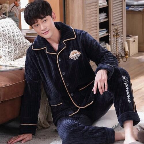 Flannel Flano Man Boy Turn-down Collar Button-Down Winter Pajamas Warm comfy in-home Sleepwear Nightwear cute Pajama A Set HDE
