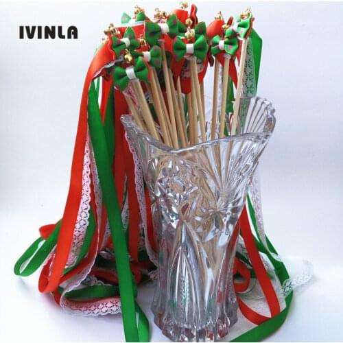 Hot selling red green wedding ribbon wands stick with bell bowknot and lace fairy wedding party celebrate decoration
