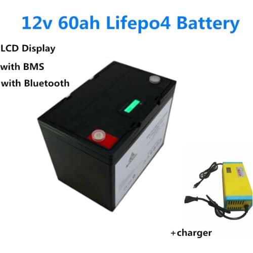 GTK LCD bluetooth rechargeable lithium ion iron phosphate 12v 60ah Lifepo4 for fish boat vehicle power supply +14.6V 5A charger